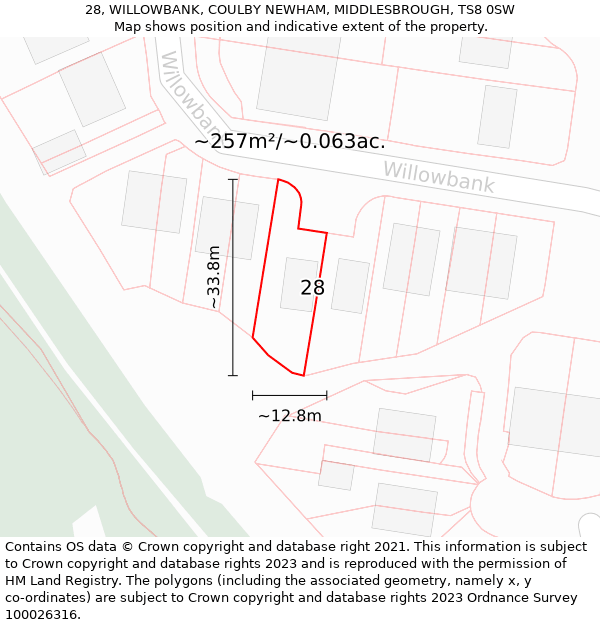 28, WILLOWBANK, COULBY NEWHAM, MIDDLESBROUGH, TS8 0SW: Plot and title map