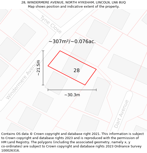 28, WINDERMERE AVENUE, NORTH HYKEHAM, LINCOLN, LN6 8UQ: Plot and title map