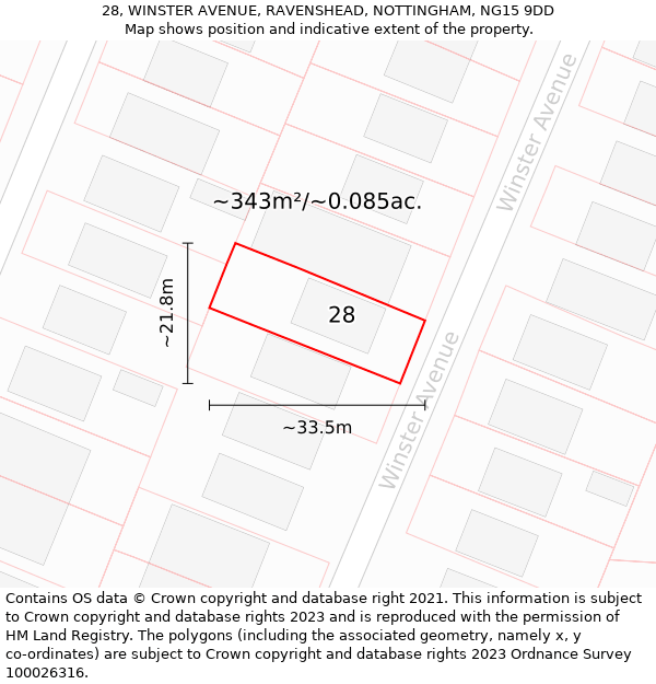 28, WINSTER AVENUE, RAVENSHEAD, NOTTINGHAM, NG15 9DD: Plot and title map