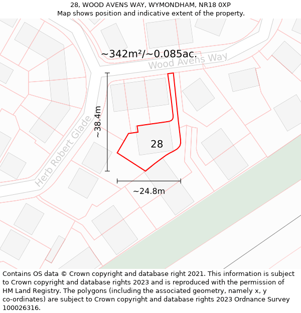 28, WOOD AVENS WAY, WYMONDHAM, NR18 0XP: Plot and title map