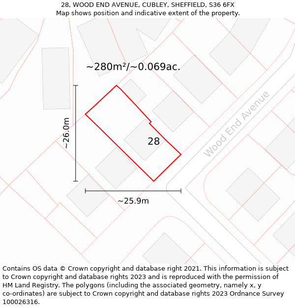 28, WOOD END AVENUE, CUBLEY, SHEFFIELD, S36 6FX: Plot and title map