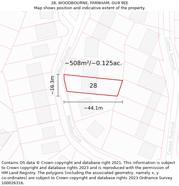 28, WOODBOURNE, FARNHAM, GU9 9EE: Plot and title map