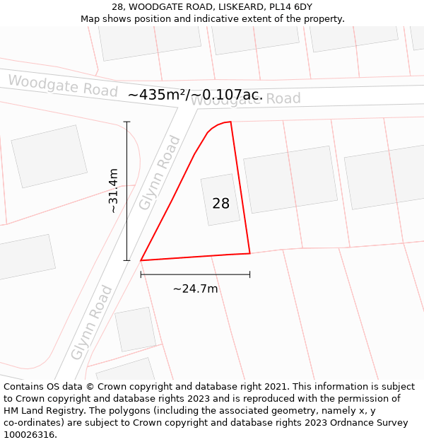 28, WOODGATE ROAD, LISKEARD, PL14 6DY: Plot and title map