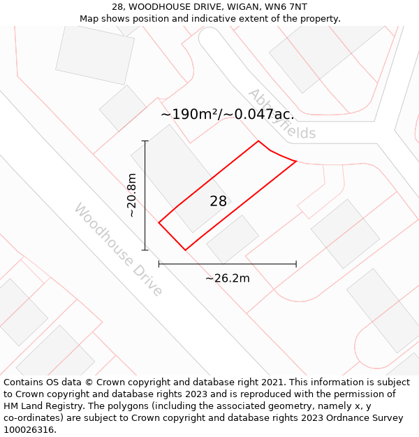 28, WOODHOUSE DRIVE, WIGAN, WN6 7NT: Plot and title map