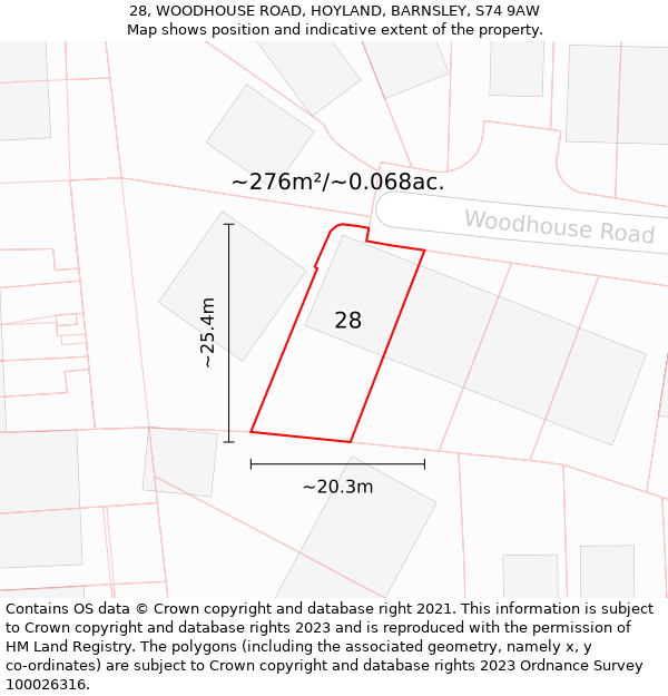 28, WOODHOUSE ROAD, HOYLAND, BARNSLEY, S74 9AW: Plot and title map