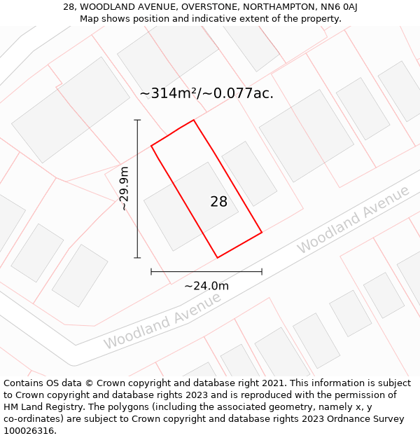 28, WOODLAND AVENUE, OVERSTONE, NORTHAMPTON, NN6 0AJ: Plot and title map