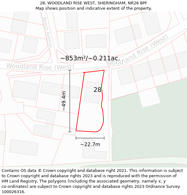 28, WOODLAND RISE WEST, SHERINGHAM, NR26 8PF: Plot and title map