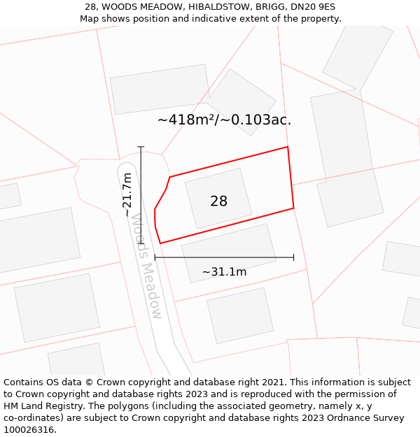 28, WOODS MEADOW, HIBALDSTOW, BRIGG, DN20 9ES: Plot and title map