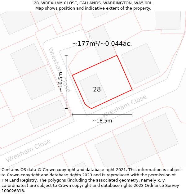 28, WREXHAM CLOSE, CALLANDS, WARRINGTON, WA5 9RL: Plot and title map