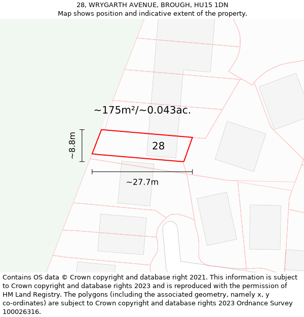 28, WRYGARTH AVENUE, BROUGH, HU15 1DN: Plot and title map
