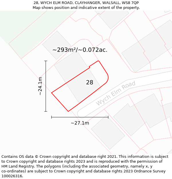 28, WYCH ELM ROAD, CLAYHANGER, WALSALL, WS8 7QP: Plot and title map