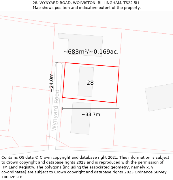 28, WYNYARD ROAD, WOLVISTON, BILLINGHAM, TS22 5LL: Plot and title map