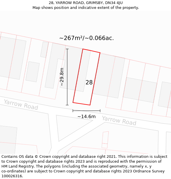 28, YARROW ROAD, GRIMSBY, DN34 4JU: Plot and title map