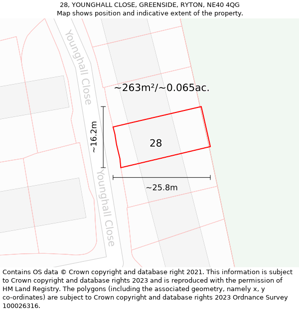 28, YOUNGHALL CLOSE, GREENSIDE, RYTON, NE40 4QG: Plot and title map