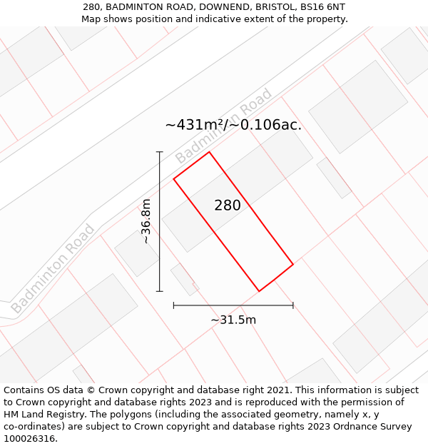 280, BADMINTON ROAD, DOWNEND, BRISTOL, BS16 6NT: Plot and title map