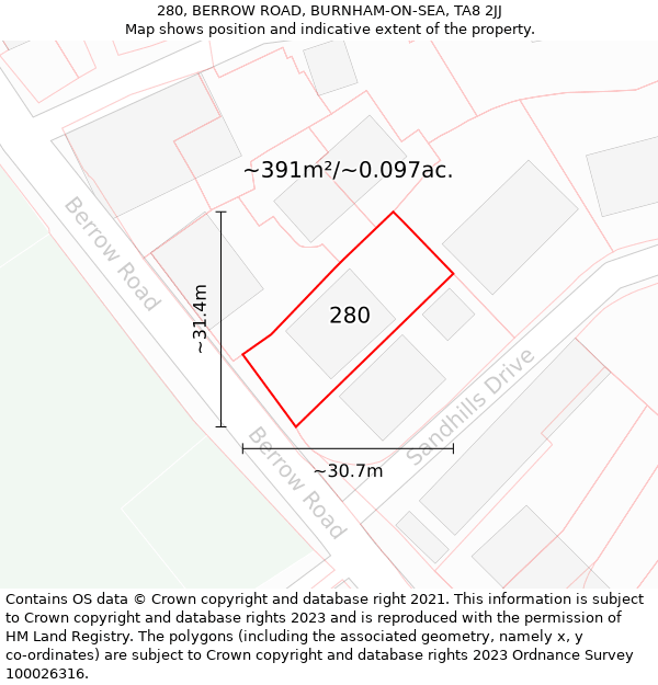 280, BERROW ROAD, BURNHAM-ON-SEA, TA8 2JJ: Plot and title map