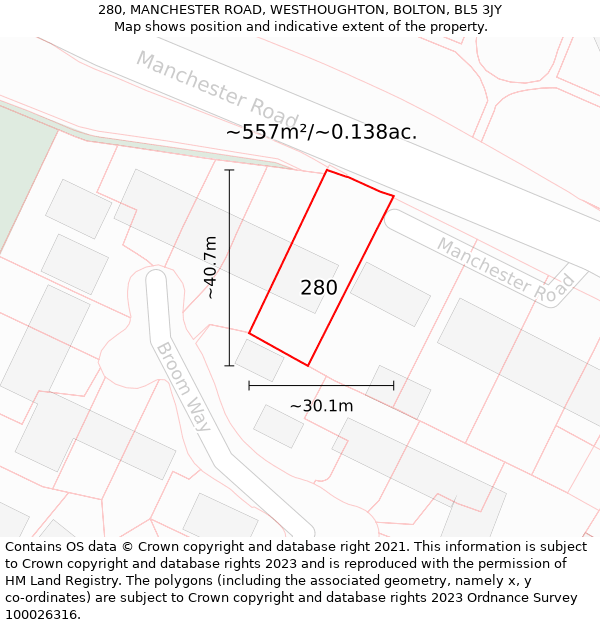 280, MANCHESTER ROAD, WESTHOUGHTON, BOLTON, BL5 3JY: Plot and title map