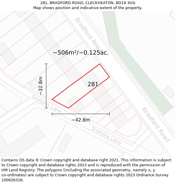 281, BRADFORD ROAD, CLECKHEATON, BD19 3UG: Plot and title map