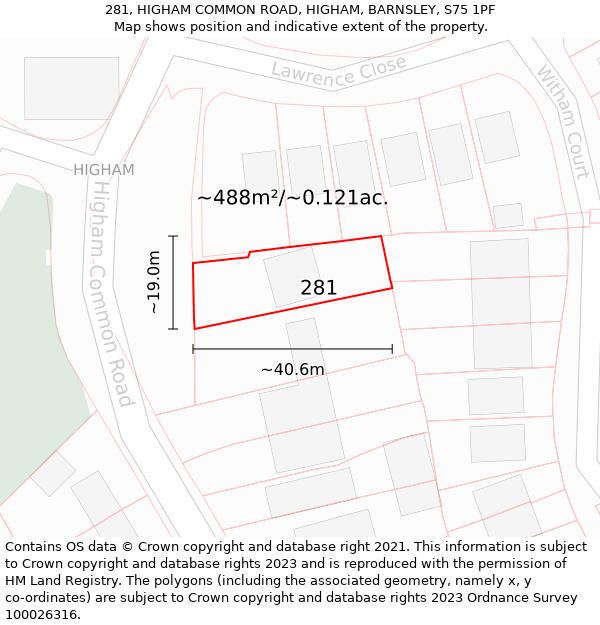 281, HIGHAM COMMON ROAD, HIGHAM, BARNSLEY, S75 1PF: Plot and title map