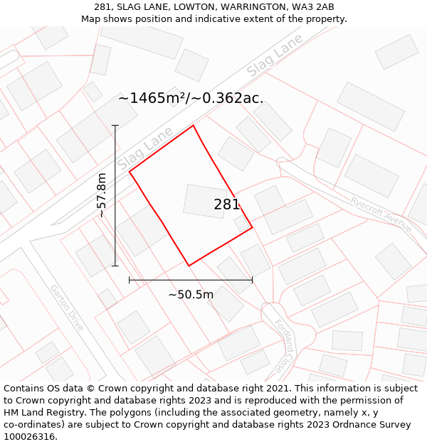 281, SLAG LANE, LOWTON, WARRINGTON, WA3 2AB: Plot and title map