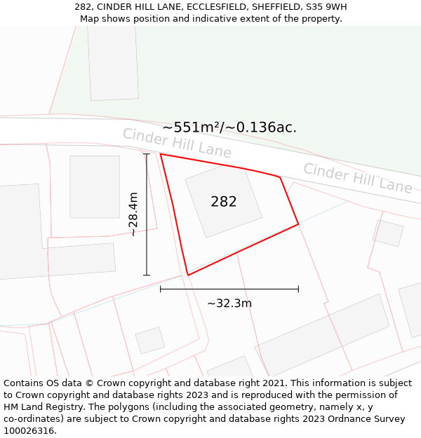 282, CINDER HILL LANE, ECCLESFIELD, SHEFFIELD, S35 9WH: Plot and title map