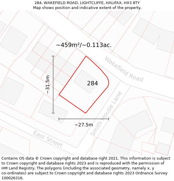 284, WAKEFIELD ROAD, LIGHTCLIFFE, HALIFAX, HX3 8TY: Plot and title map