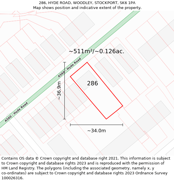 286, HYDE ROAD, WOODLEY, STOCKPORT, SK6 1PA: Plot and title map