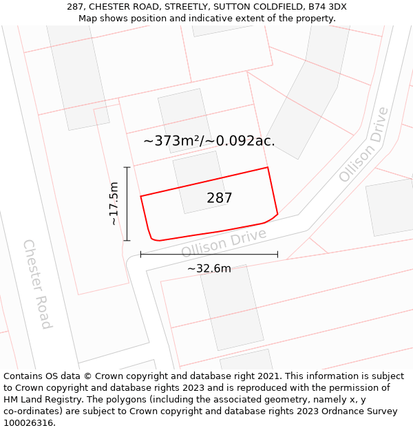 287, CHESTER ROAD, STREETLY, SUTTON COLDFIELD, B74 3DX: Plot and title map