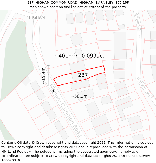 287, HIGHAM COMMON ROAD, HIGHAM, BARNSLEY, S75 1PF: Plot and title map