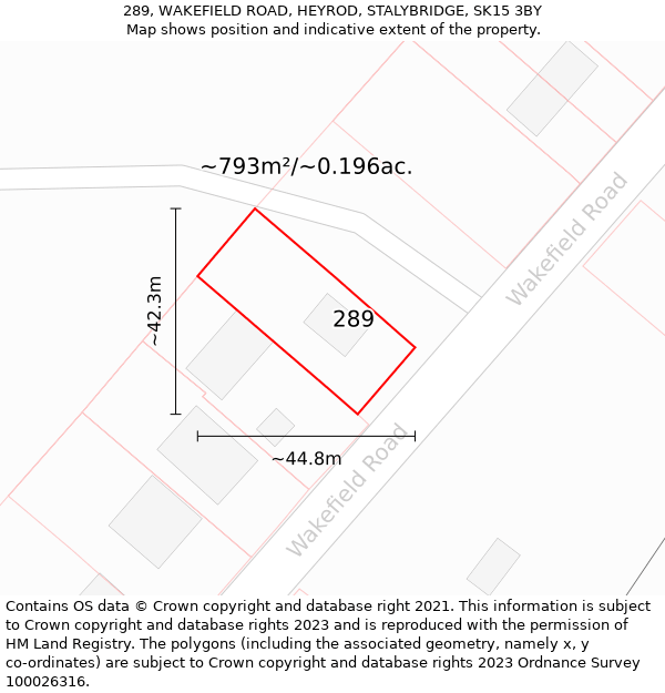 289, WAKEFIELD ROAD, HEYROD, STALYBRIDGE, SK15 3BY: Plot and title map