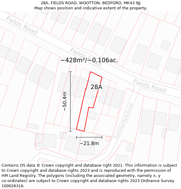 28A, FIELDS ROAD, WOOTTON, BEDFORD, MK43 9JJ: Plot and title map