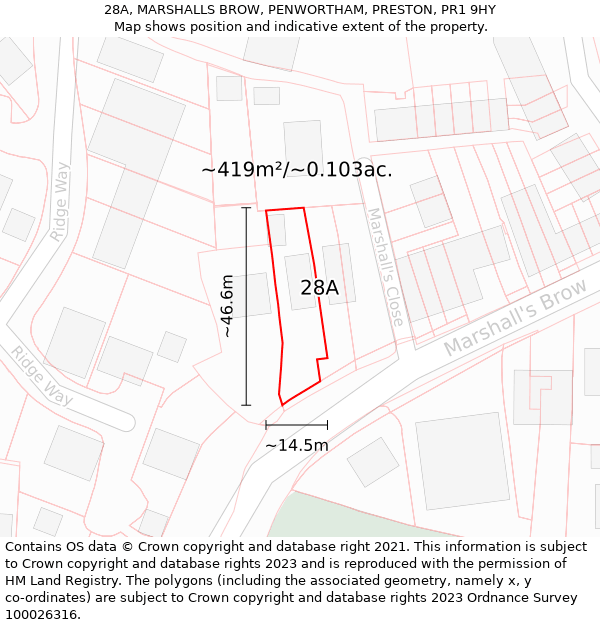 28A, MARSHALLS BROW, PENWORTHAM, PRESTON, PR1 9HY: Plot and title map