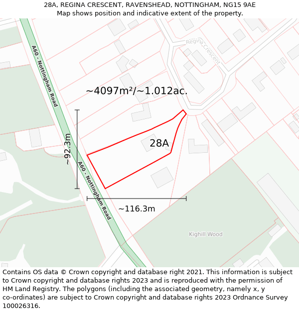 28A, REGINA CRESCENT, RAVENSHEAD, NOTTINGHAM, NG15 9AE: Plot and title map