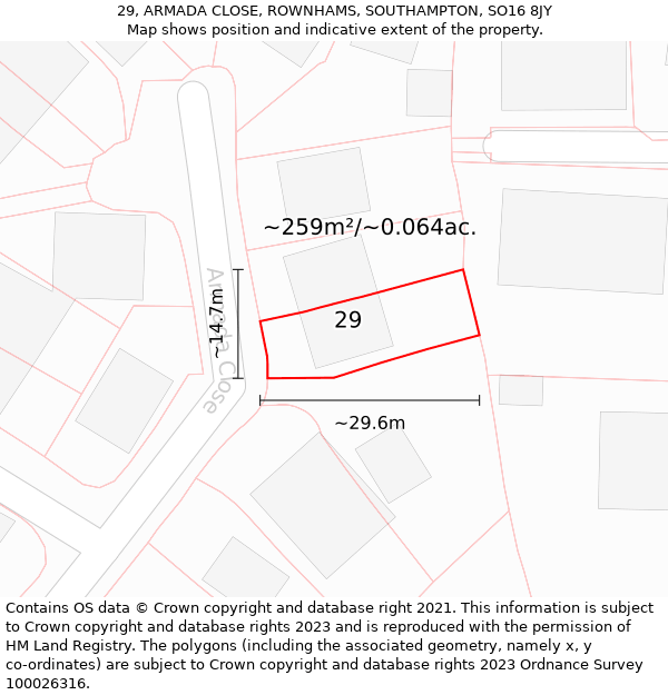 29, ARMADA CLOSE, ROWNHAMS, SOUTHAMPTON, SO16 8JY: Plot and title map