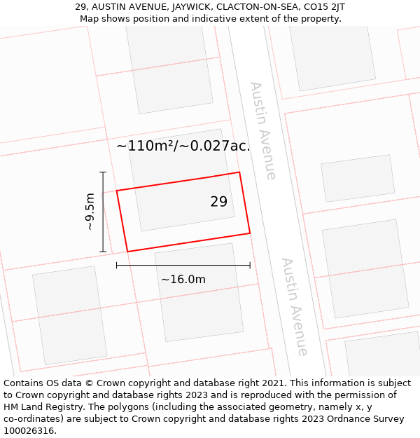 29, AUSTIN AVENUE, JAYWICK, CLACTON-ON-SEA, CO15 2JT: Plot and title map