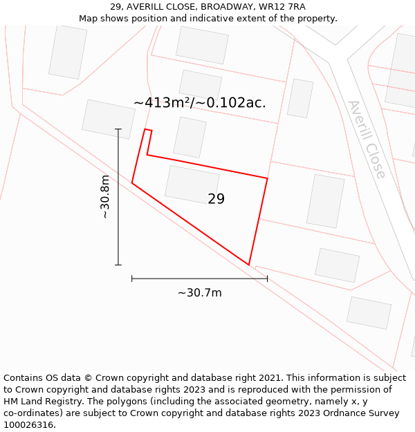 29, AVERILL CLOSE, BROADWAY, WR12 7RA: Plot and title map