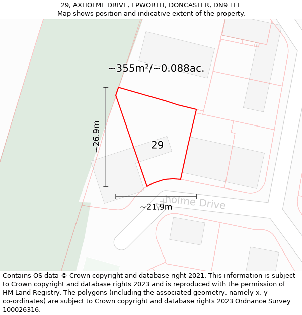 29, AXHOLME DRIVE, EPWORTH, DONCASTER, DN9 1EL: Plot and title map