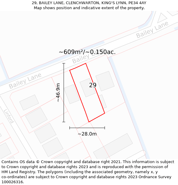 29, BAILEY LANE, CLENCHWARTON, KING'S LYNN, PE34 4AY: Plot and title map