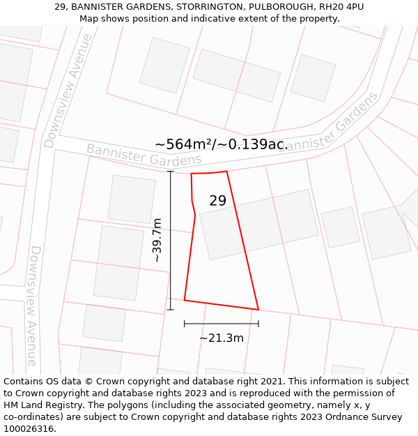 29, BANNISTER GARDENS, STORRINGTON, PULBOROUGH, RH20 4PU: Plot and title map