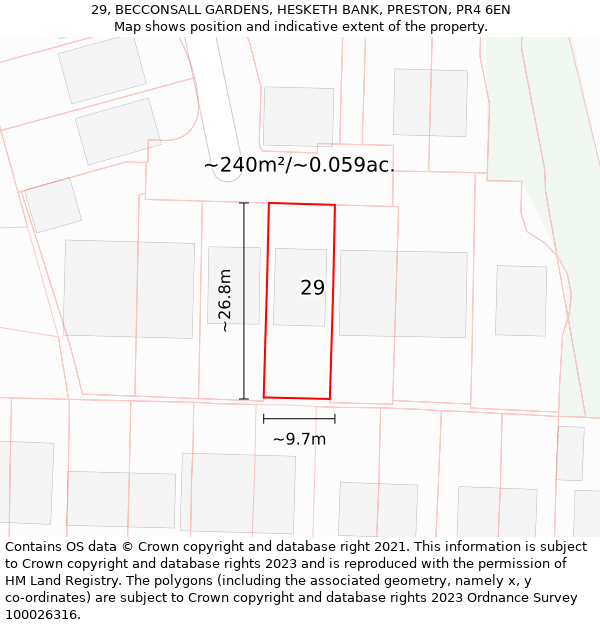 29, BECCONSALL GARDENS, HESKETH BANK, PRESTON, PR4 6EN: Plot and title map