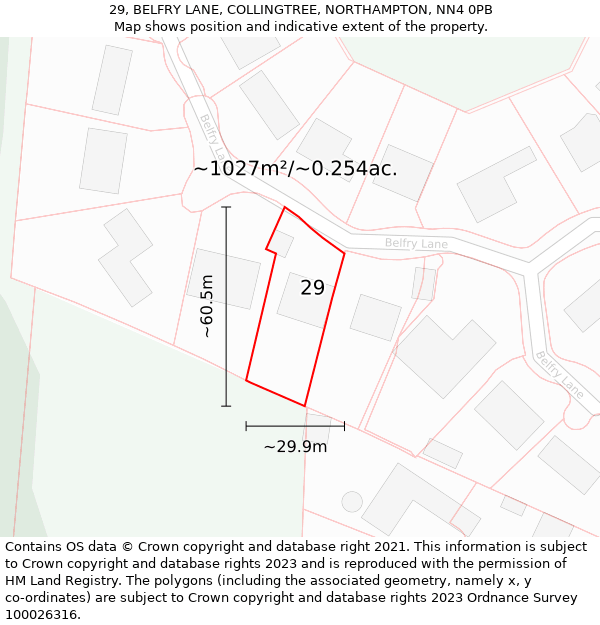 29, BELFRY LANE, COLLINGTREE, NORTHAMPTON, NN4 0PB: Plot and title map