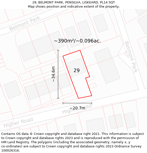 29, BELMONT PARK, PENSILVA, LISKEARD, PL14 5QT: Plot and title map