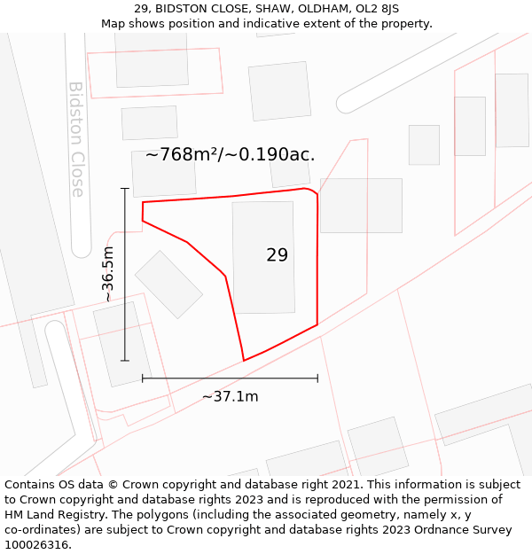 29, BIDSTON CLOSE, SHAW, OLDHAM, OL2 8JS: Plot and title map