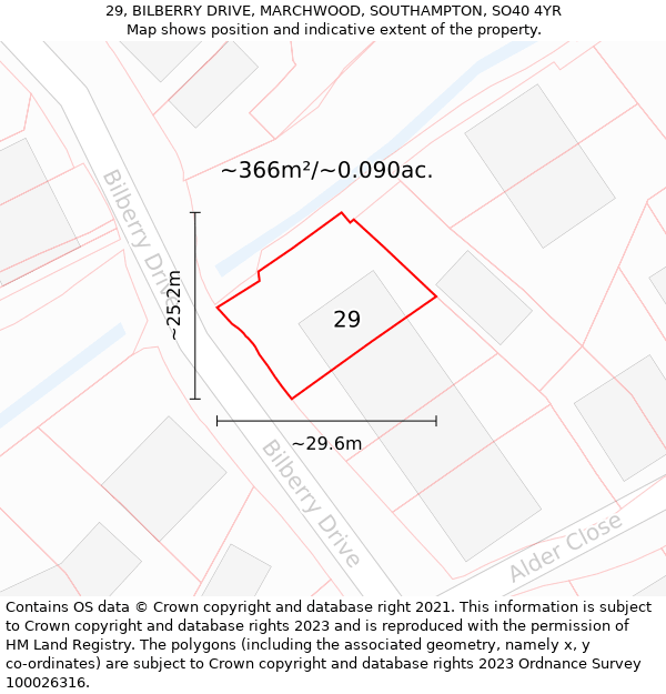 29, BILBERRY DRIVE, MARCHWOOD, SOUTHAMPTON, SO40 4YR: Plot and title map