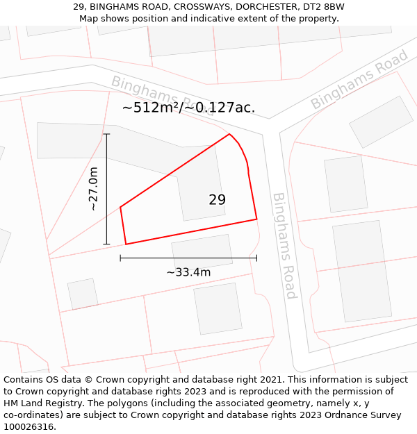 29, BINGHAMS ROAD, CROSSWAYS, DORCHESTER, DT2 8BW: Plot and title map