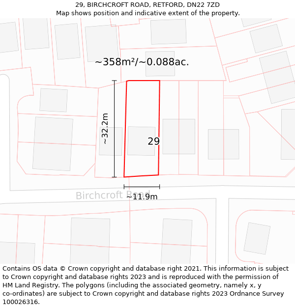 29, BIRCHCROFT ROAD, RETFORD, DN22 7ZD: Plot and title map