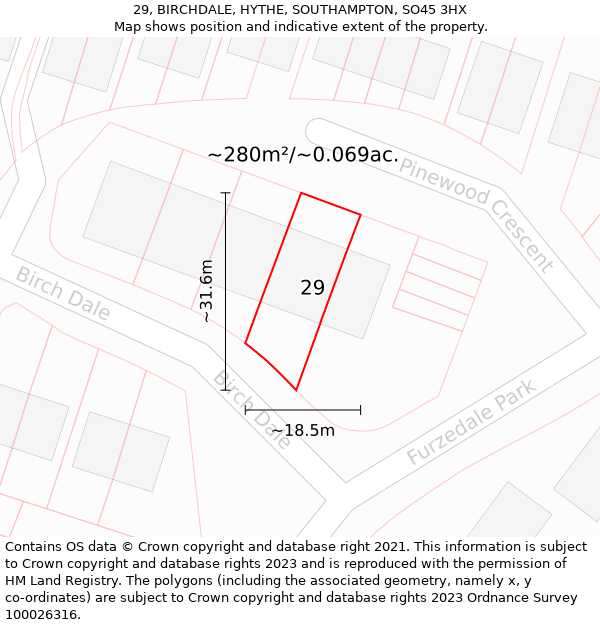 29, BIRCHDALE, HYTHE, SOUTHAMPTON, SO45 3HX: Plot and title map