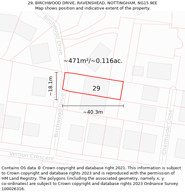 29, BIRCHWOOD DRIVE, RAVENSHEAD, NOTTINGHAM, NG15 9EE: Plot and title map