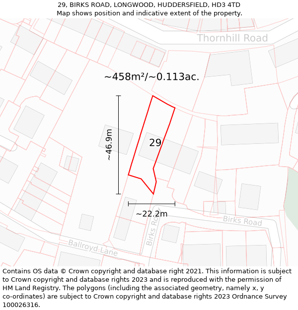 29, BIRKS ROAD, LONGWOOD, HUDDERSFIELD, HD3 4TD: Plot and title map