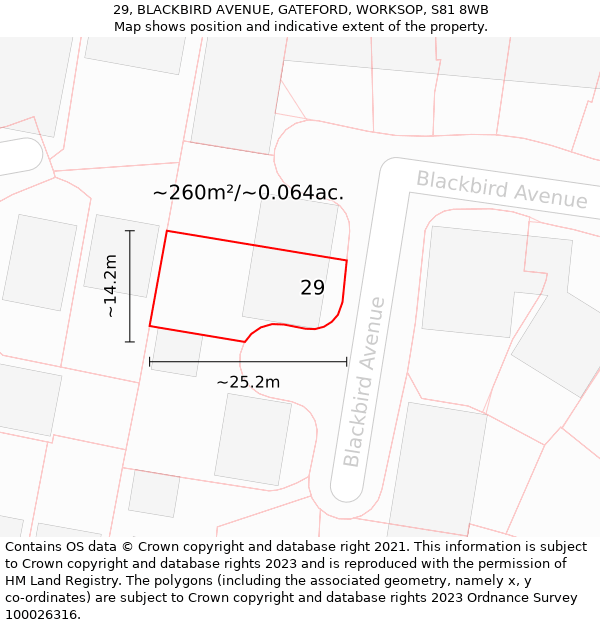 29, BLACKBIRD AVENUE, GATEFORD, WORKSOP, S81 8WB: Plot and title map